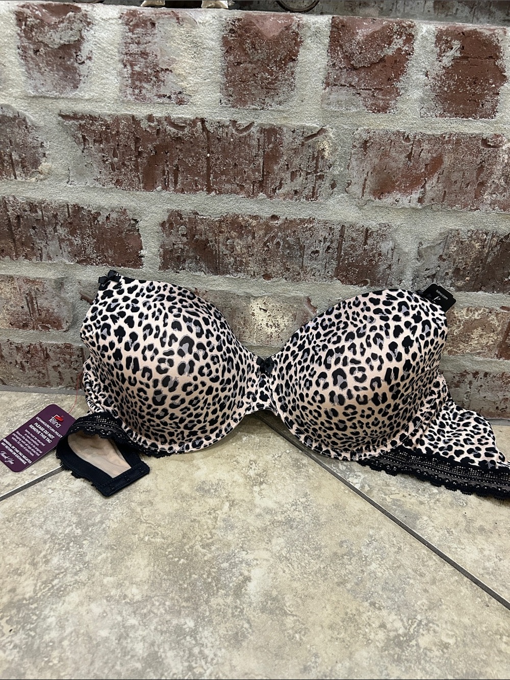 NWT Felina/Paramour Leopard Print Push-Up Bra with Lace Trim - Beige/Black
